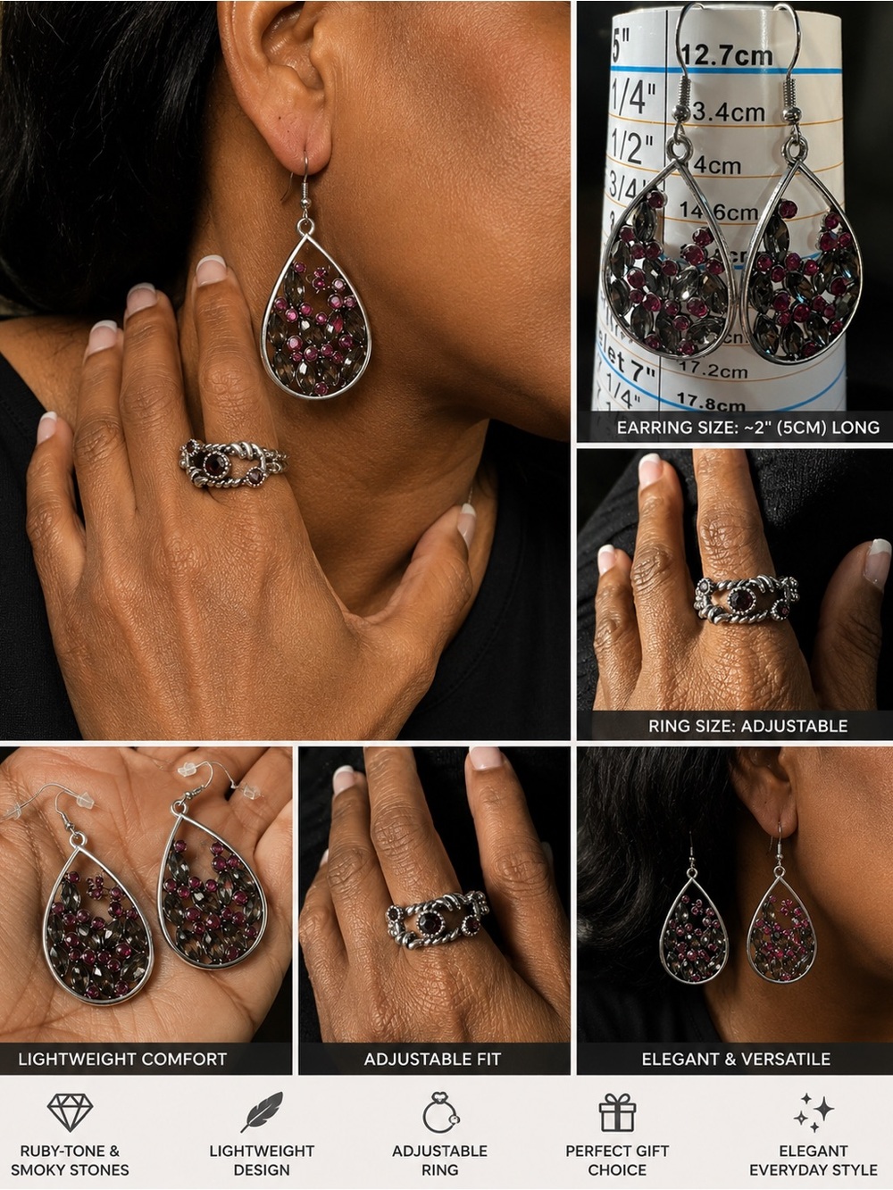 2pcs Teardrop Ruby-Tone Crystal Dangle Earrings pair with purple stretchy ring
